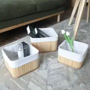 Paniers de rangement carrés en bambou avec doublure en tissu beige
