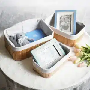 Paniers de rangement rectangulaire en bambou avec doublure en tissu beige