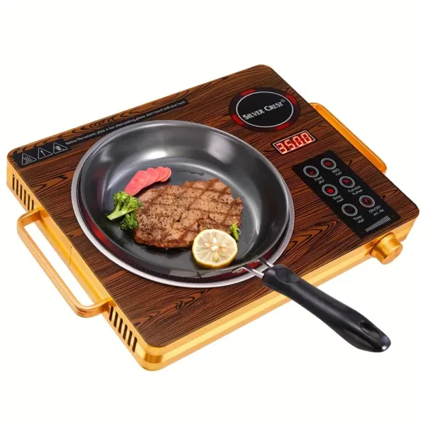 plaque de cuisson électrique Silver Crest 3500W design bois avec poêle sur feu rouge