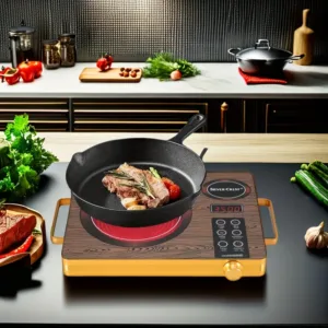 plaque de cuisson électrique Silver Crest 3500W design bois avec poêle sur feu rouge