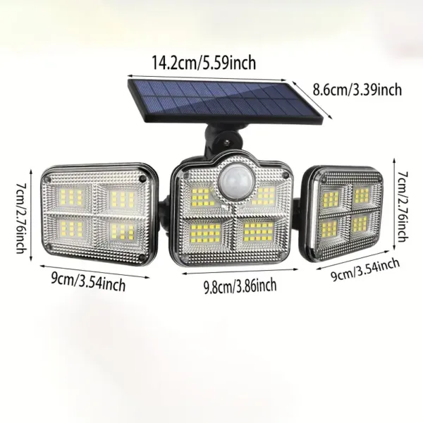 Projecteur solaire LED extérieur 3 têtes avec télécommande et détecteur de mouvement
