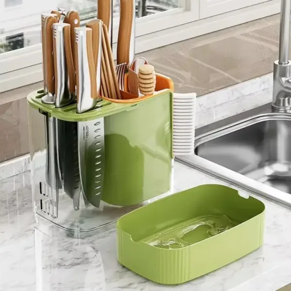 Range couteaux multifonction avec compartiments et égouttoir pour ustensiles de cuisine