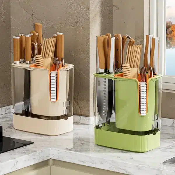 Range couteaux multifonction avec compartiments et égouttoir pour ustensiles de cuisine