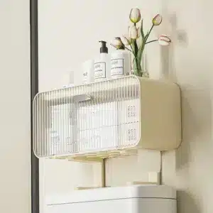 Meuble mural WC beige avec porte transparente pour rangement au-dessus des toilettes
