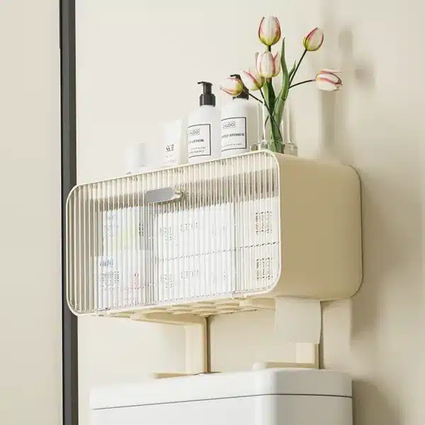 Meuble mural WC beige avec porte transparente pour rangement au-dessus des toilettes