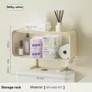 Meuble mural WC beige avec porte transparente pour rangement au-dessus des toilettes