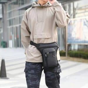 Sac banane cuisse homme multi-poches imperméable avec fixation jambe et ceinture