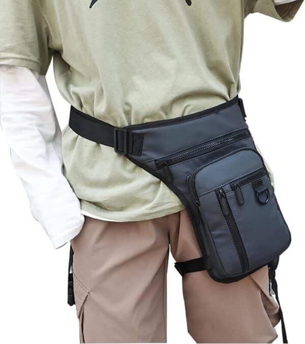 Sac banane cuisse homme multi-poches imperméable avec fixation jambe et ceinture