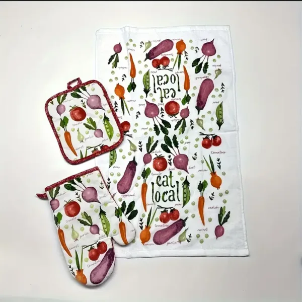 Set cuisine 3 pièces avec gant, manique et torchon – motif tomate et légumes fermiers
