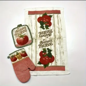 Set cuisine 3 pièces avec gant, manique et torchon – motif tomate et légumes fermiers