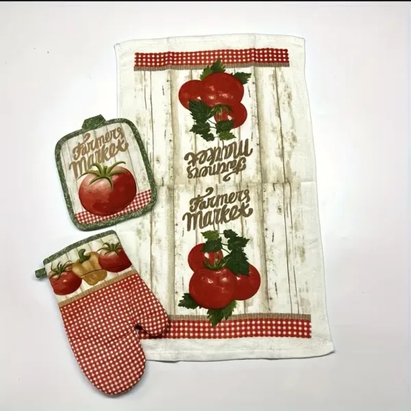 Set cuisine 3 pièces avec gant, manique et torchon – motif tomate et légumes fermiers
