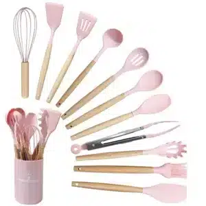 Set d’ustensiles de cuisine en silicone et bois 12 pièces