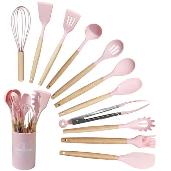 Set d’ustensiles de cuisine en silicone et bois 12 pièces