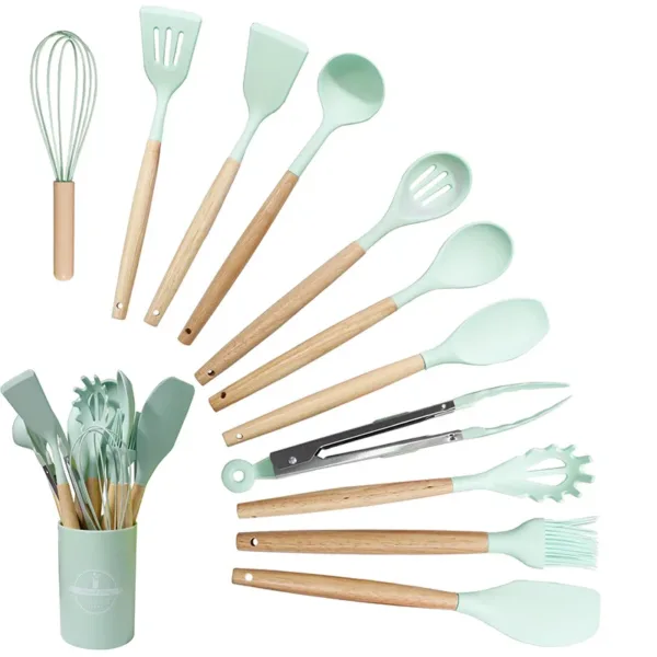 Set d’ustensiles de cuisine en silicone et bois 12 pièces