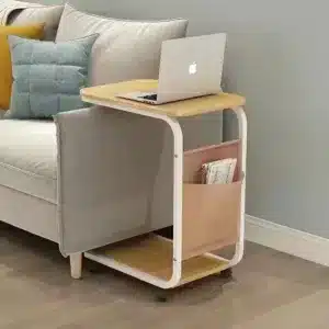 Table roulante en bois et métal avec rangement intégré et roulettes