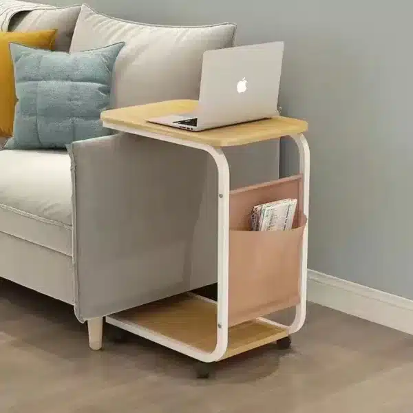 Table roulante en bois et métal avec rangement intégré et roulettes
