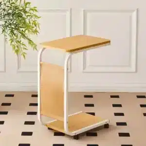 Table roulante en bois et métal avec rangement intégré et roulettes