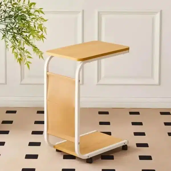 Table roulante en bois et métal avec rangement intégré et roulettes