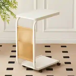 Table roulante en bois et métal avec rangement intégré et roulettes