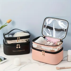 Trousse de toilette transparente à double compartiment avec fermeture éclair, plusieurs coloris
