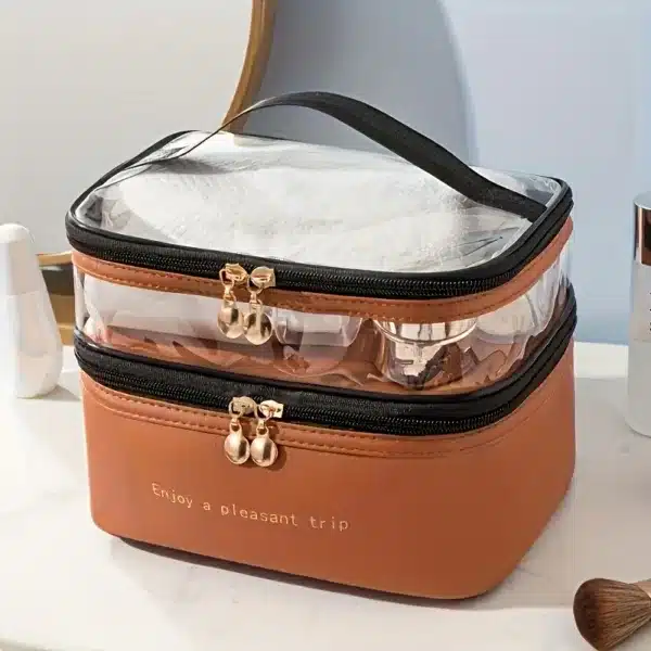 Trousse de toilette transparente à double compartiment avec fermeture éclair, plusieurs coloris