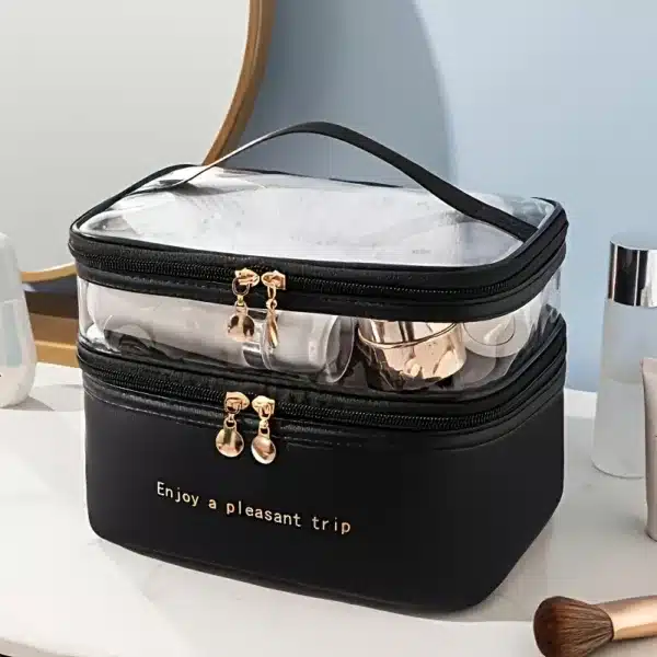 Trousse de toilette transparente à double compartiment avec fermeture éclair, plusieurs coloris