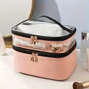 Trousse de toilette transparente à double compartiment avec fermeture éclair, plusieurs coloris