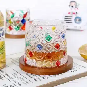 Verre en cristal coloré avec sous verre bois à Casablanca