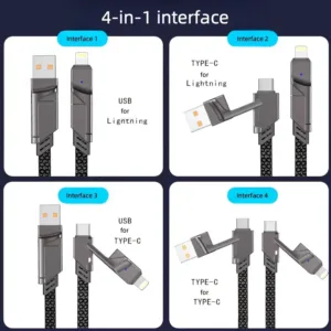 Câble de charge 4 en 1 USB Type-C Lightning deux en un pour téléphone et tablette