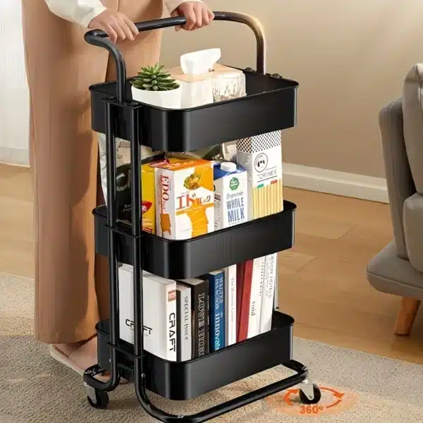 chariot de rangement à roulettes noir 3 niveaux pour maison et bureau à Casablanca
