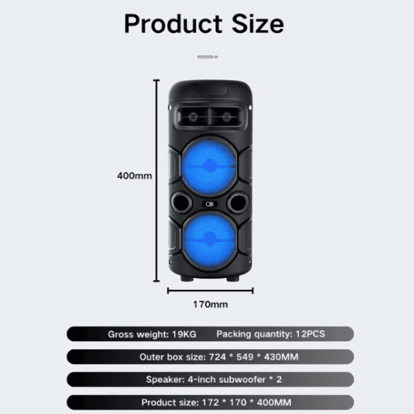 Enceinte Bluetooth portable noire avec lumières LED bleues et double woofer – Maroc