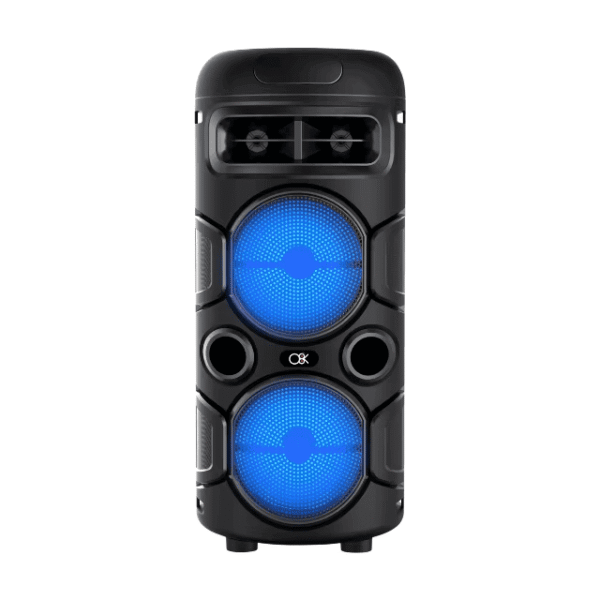Enceinte Bluetooth portable noire avec lumières LED bleues et double woofer – Maroc