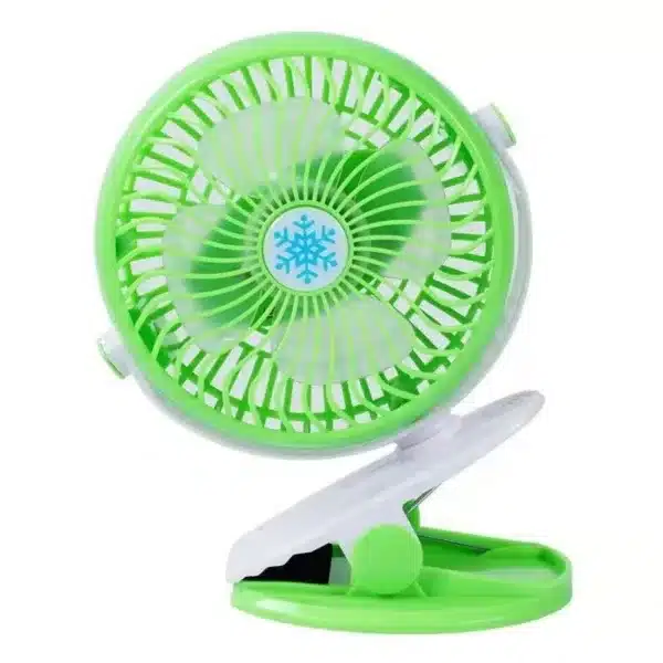 ventilateur portable à pince vert, rechargeable par USB, rotatif à 360 degrés