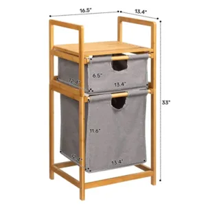 Panier à linge double en bambou avec deux compartiments en tissu gris
