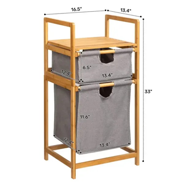 Panier à linge double en bambou avec deux compartiments en tissu gris