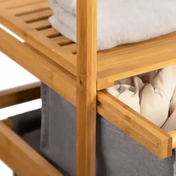 Panier à linge double en bambou avec deux compartiments en tissu gris