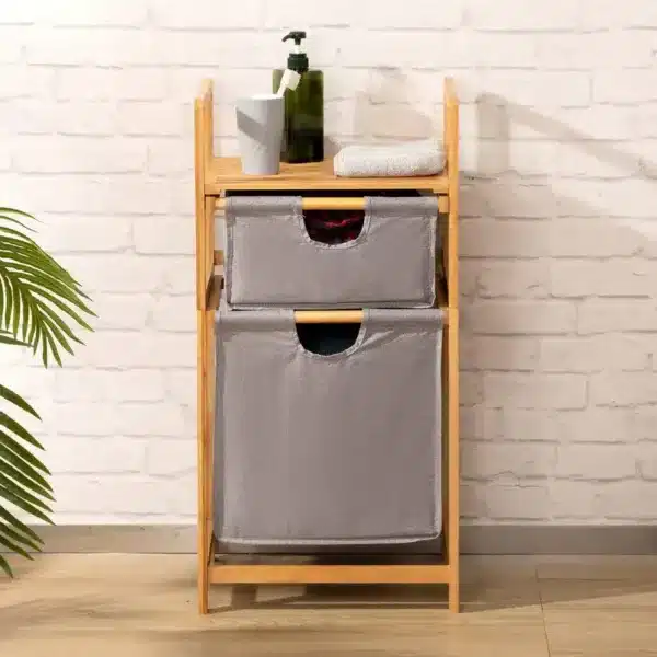 Panier à linge double en bambou avec deux compartiments en tissu gris