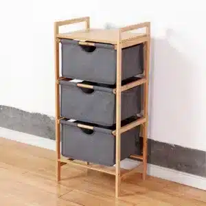 Meuble rangement 3 tiroirs en tissu gris avec cadre en bambou