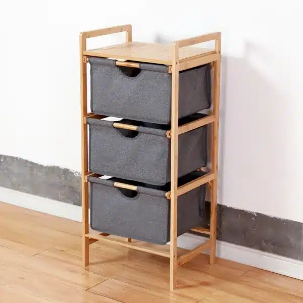 Meuble rangement 3 tiroirs en tissu gris avec cadre en bambou