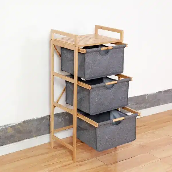 Meuble rangement 3 tiroirs en tissu gris avec cadre en bambou