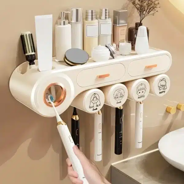 porte brosse à dents mural avec deux tasses et distributeur de dentifrice automatique