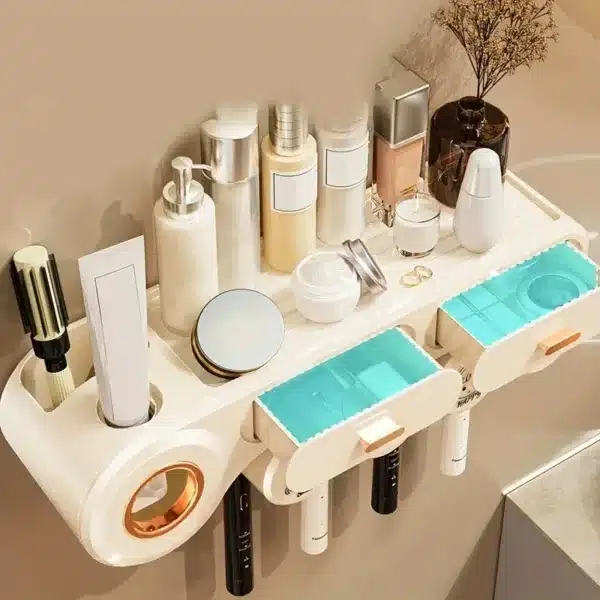 porte brosse à dents mural avec deux tasses et distributeur de dentifrice automatique