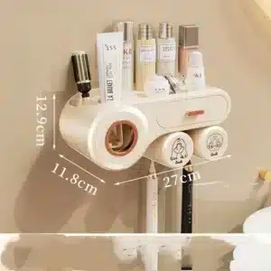 porte brosse à dents mural avec deux tasses et distributeur de dentifrice automatique
