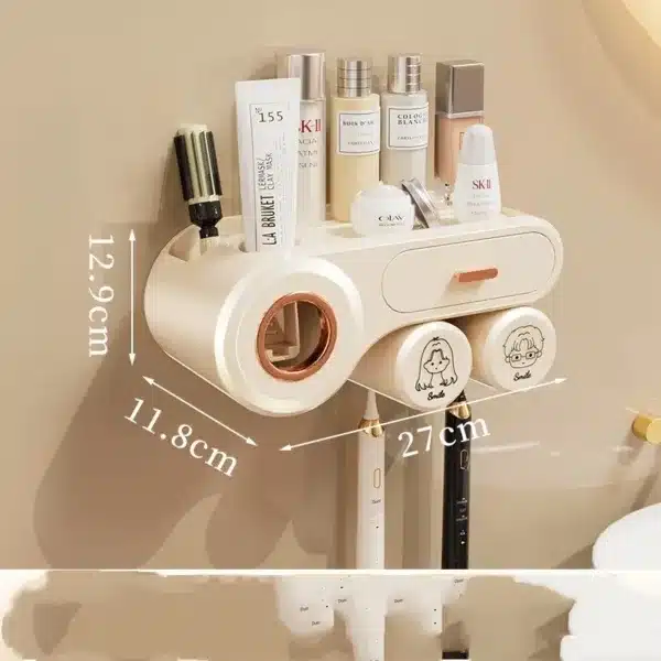 porte brosse à dents mural avec deux tasses et distributeur de dentifrice automatique