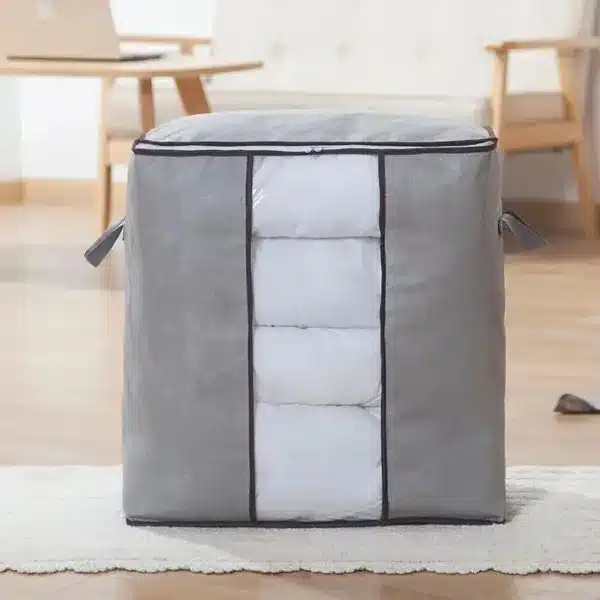 Sac de rangement pour couette pliable gris avec fenêtre transparente