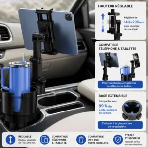 Support Tablette et Téléphone pour Porte-Gobelet de Voiture 360° Réglable