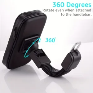 support téléphone moto étanche noir fixé au guidon sous la pluie