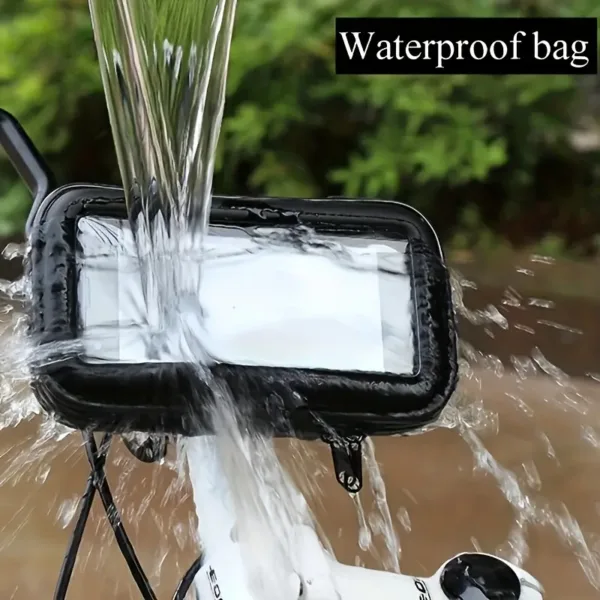 support téléphone moto étanche noir fixé au guidon sous la pluie