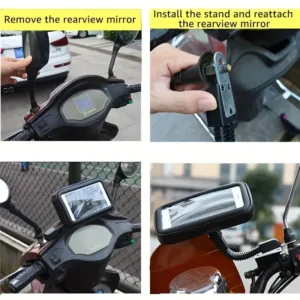 support téléphone moto étanche noir fixé au guidon sous la pluie