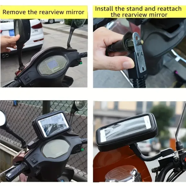 support téléphone moto étanche noir fixé au guidon sous la pluie